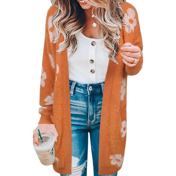 Sweaters - Women's Wool Blend Long Cardigan Sweater with Floral and Stripes Casual Wear
